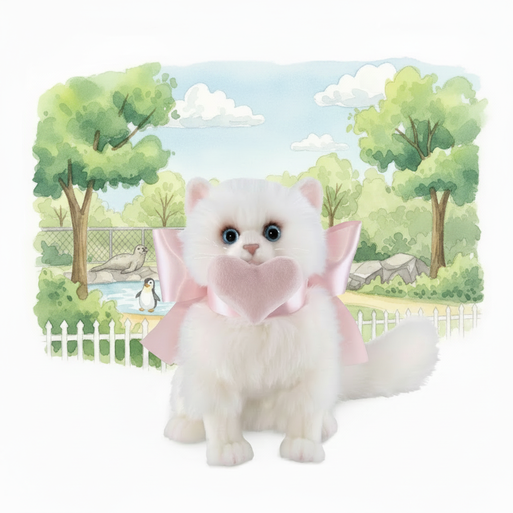 A white fluffy cat toy wearing a pink bow and holding a pink heart, set against a painted zoo scene with trees, a penguin, and a leopard.