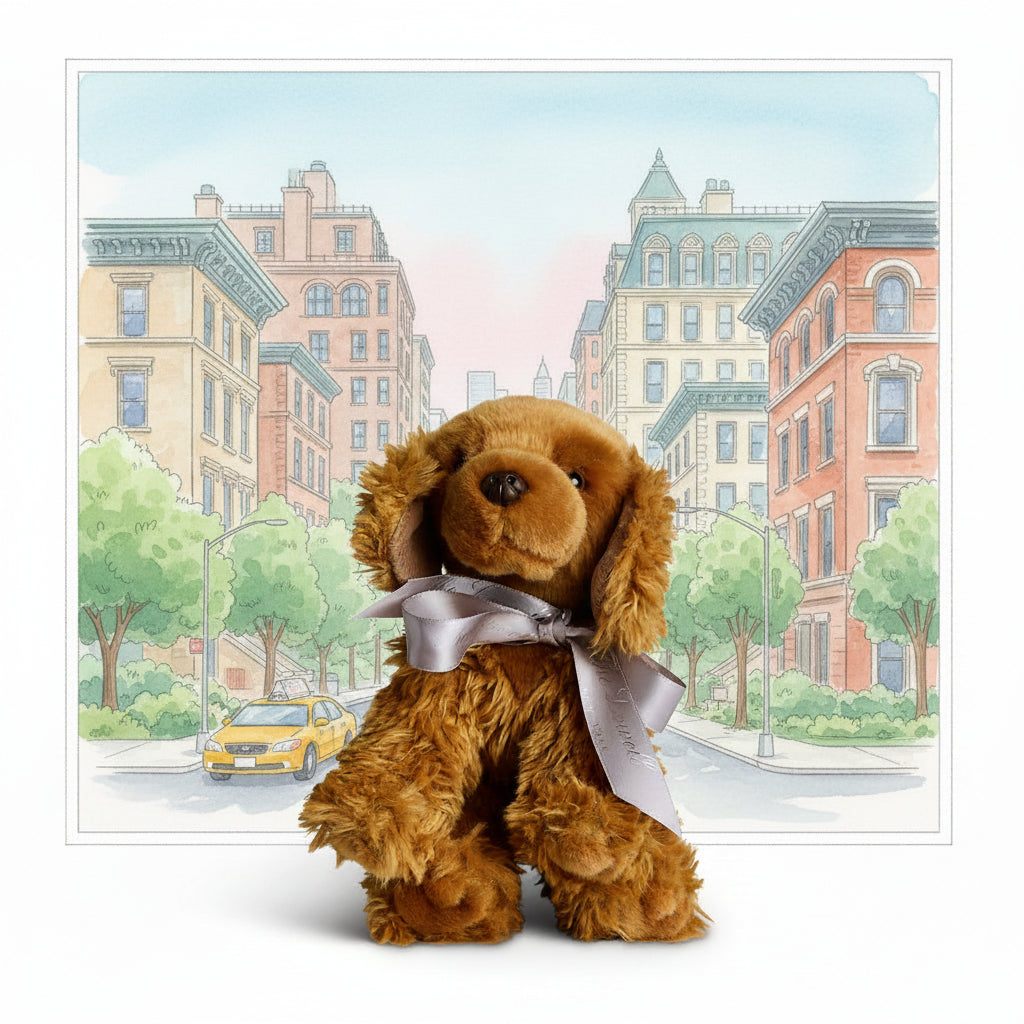 A brown plush dog toy with floppy ears and a silver-gray ribbon bow, posed in front of a colorful illustrated NYC scene